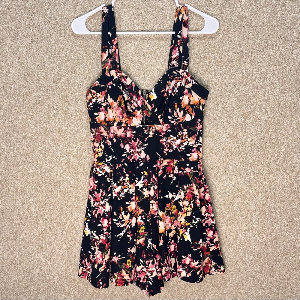 Dark Floral romper pockets shorts one piece zipper back double straps